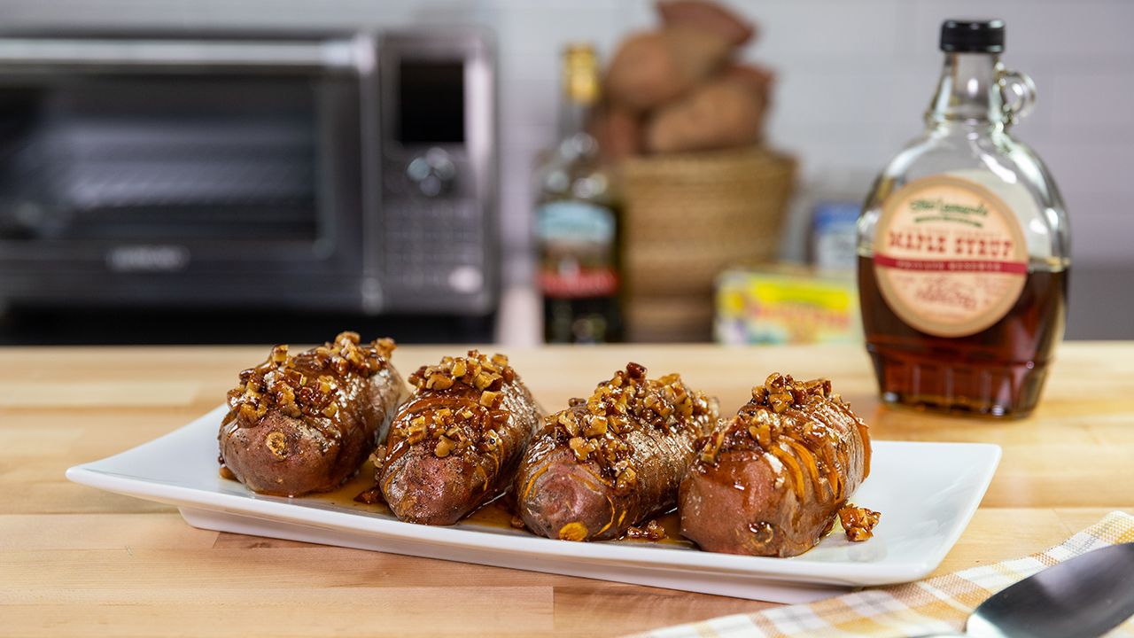 Hasselback Maple-Pecan Sweet Potatoes