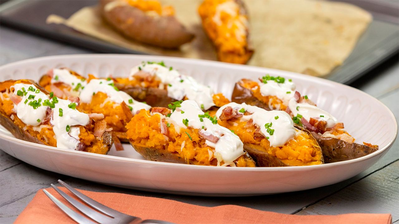 Loaded Cheesy Sweet Potato Skins