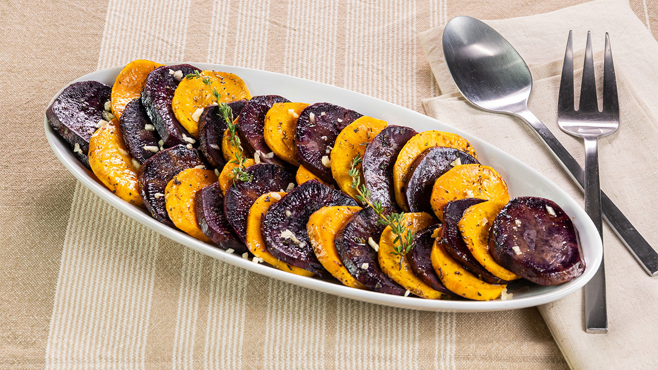 Baked Sweet and Purple Potatoes with Fresh Herbs